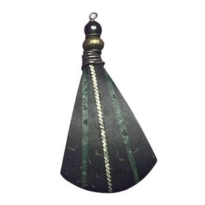 Vintage Coconut Shell Malachite Inlay Pendant Fan Shape Brown Green Boho Tribal